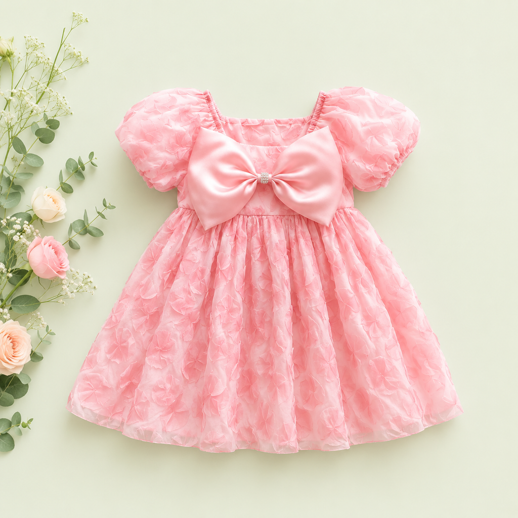 Pink Puff Sleeve Party Dress for Baby Girls