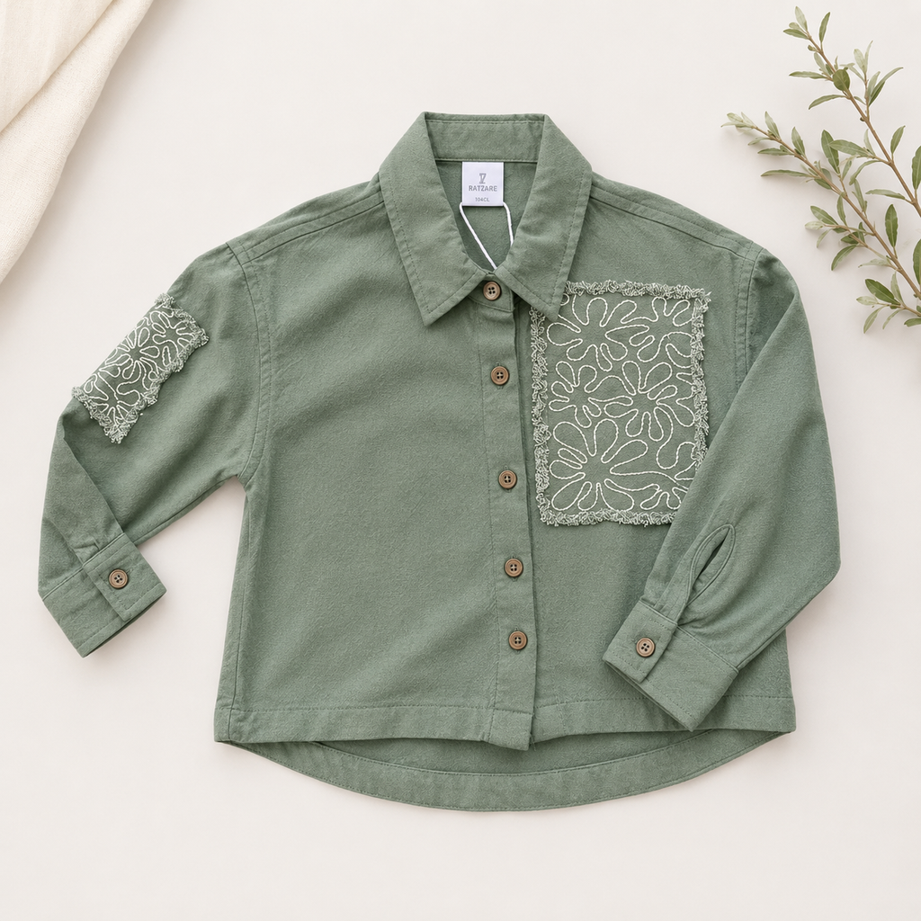 Kids Linen Embroidered Shirt – Minimal Patch Detail Button-Up Top