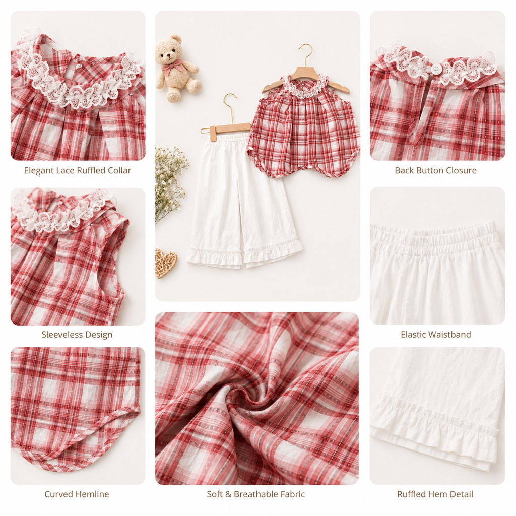 Plaid Ruffle Collar Top Set, Pink & Blue