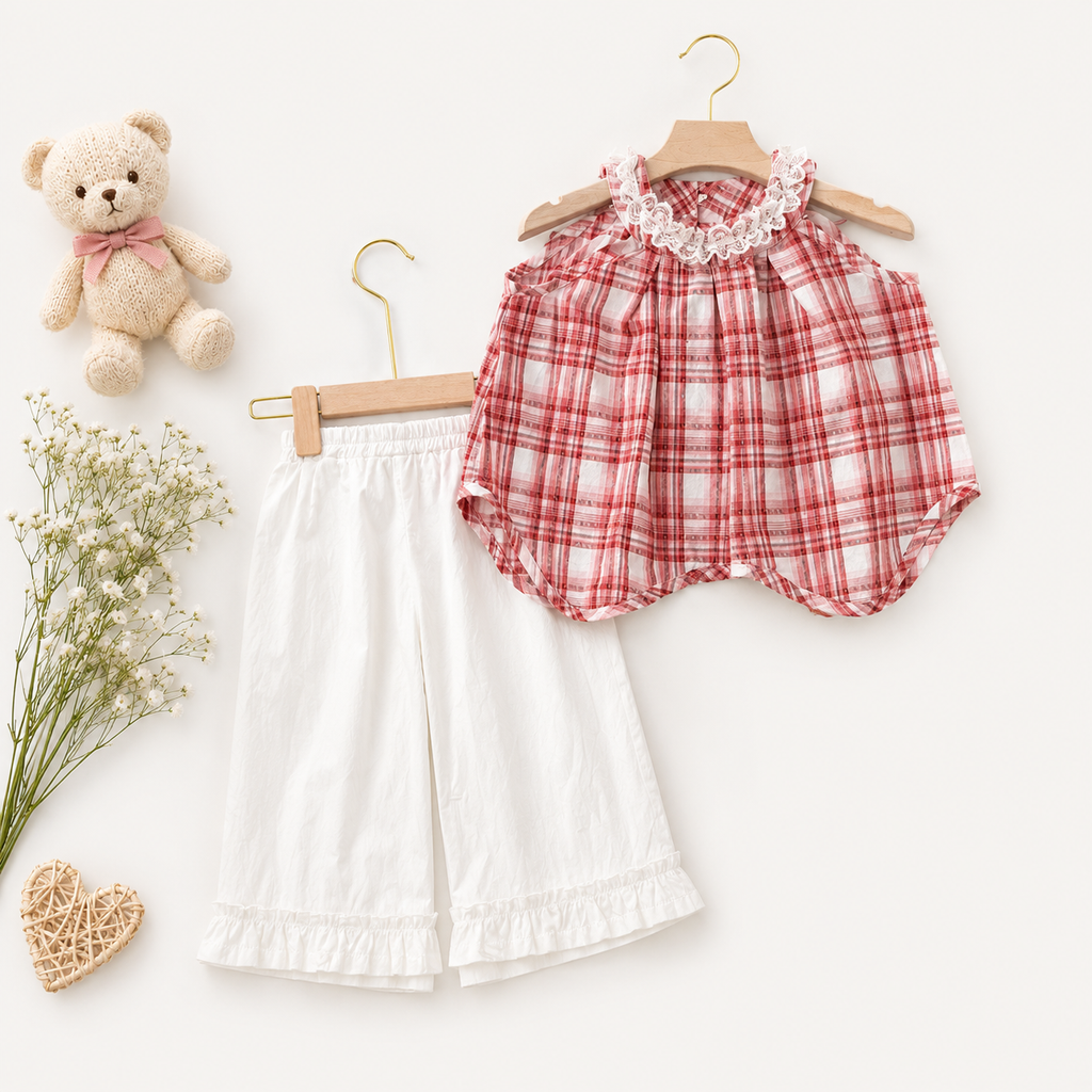 Plaid Ruffle Collar Top Set, Pink & Blue