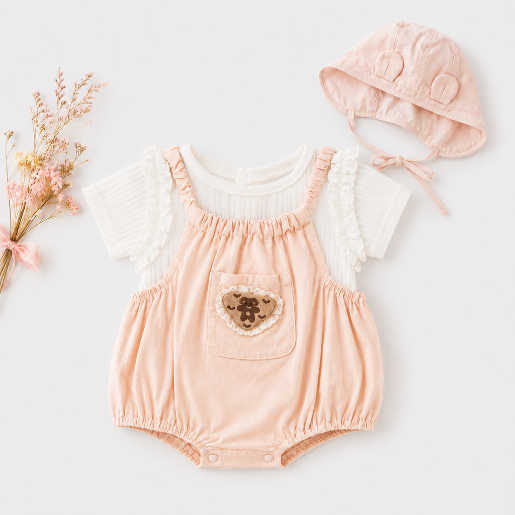 Cream Striped Top & Peach Bloomer Set with Bonnet