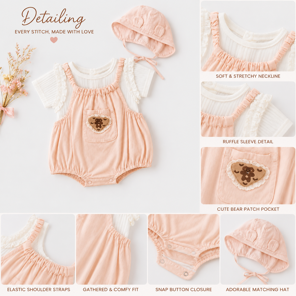 Cream Striped Top & Peach Bloomer Set with Bonnet