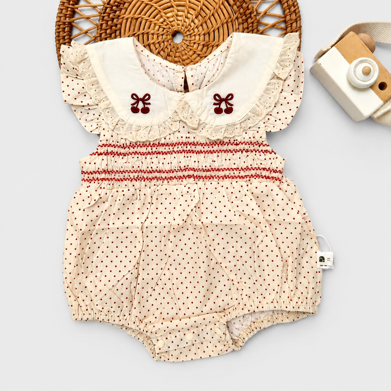 Cream Smocked Romper Set with Butterfly Embroidery