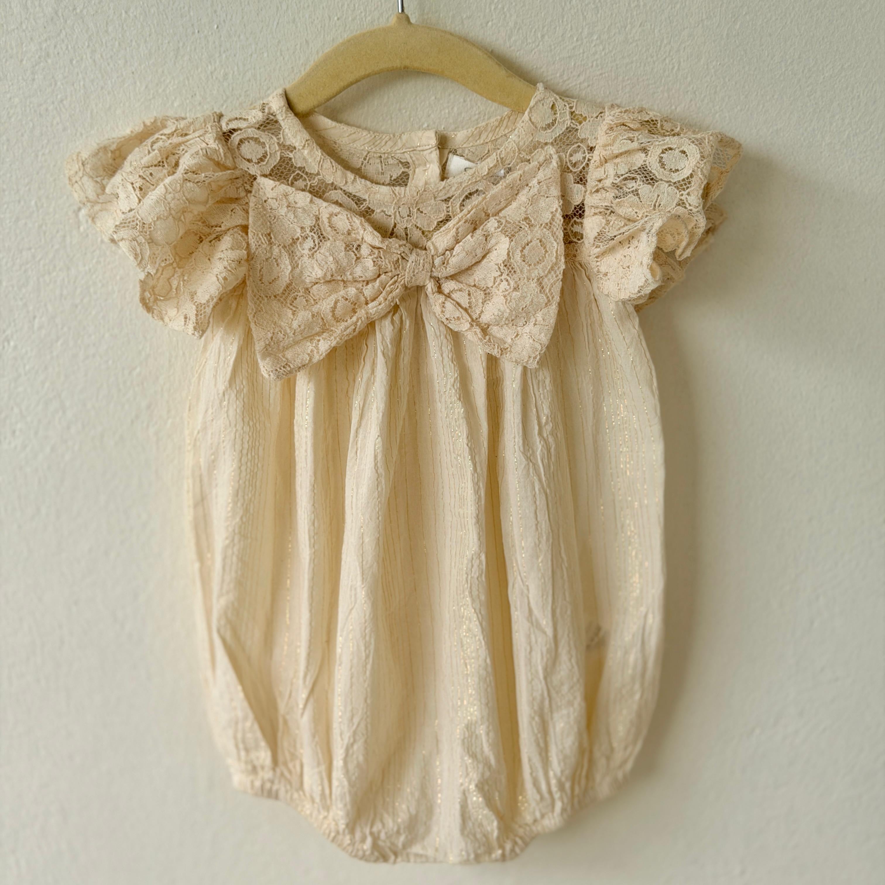 Cream Textured Lace Bow Romper