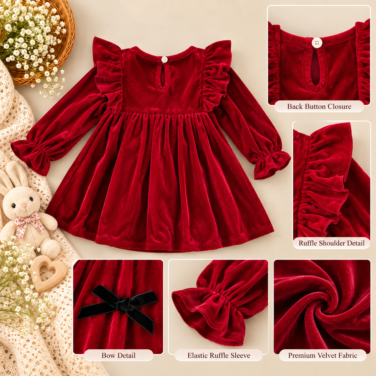 Red Velvet Holiday Dress for Toddler Girls
