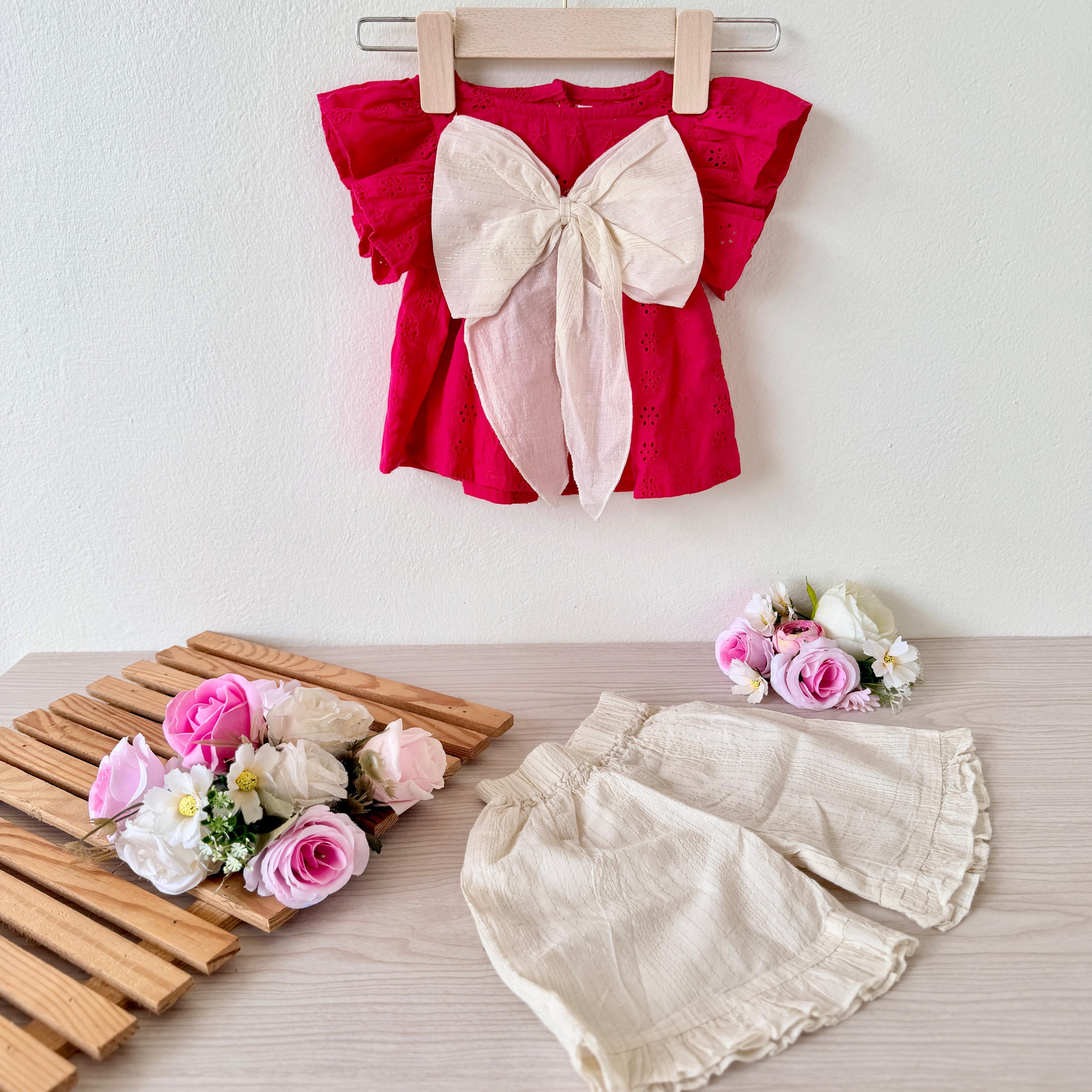 Vibrant Fuchsia Eyelet Flutter-Sleeve Top & Ruffled Shorts Set