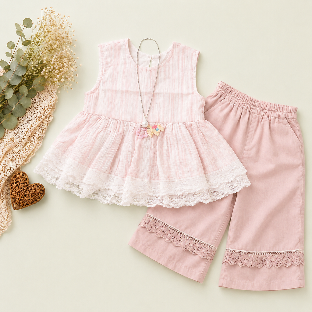 Eyelet Lace Top & Shorts Set, Pink & Blue