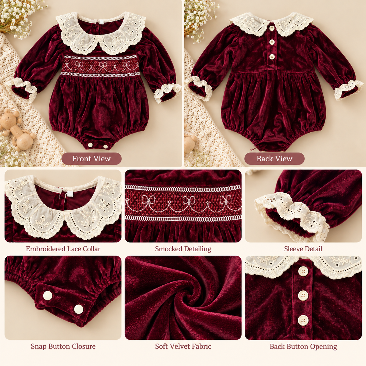 Velvet Baby Girl Romper with Lace Collar