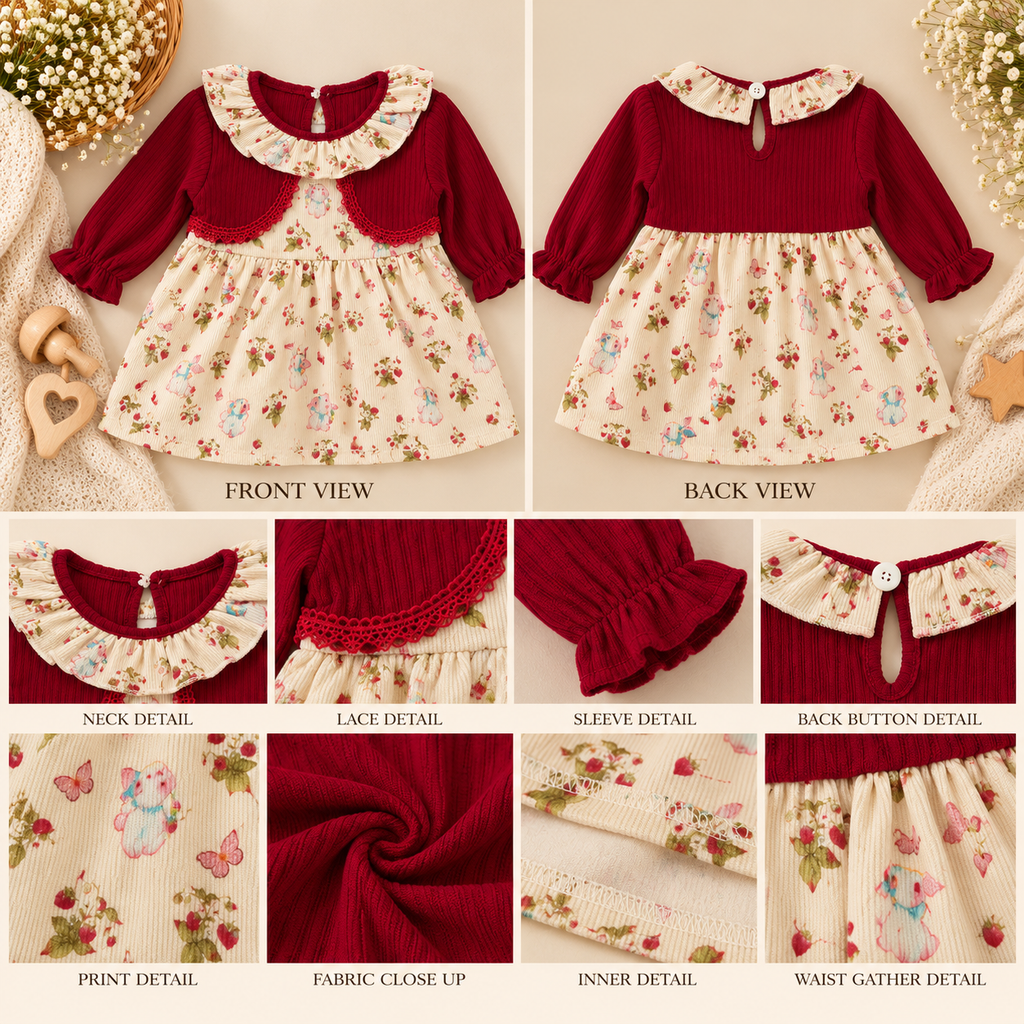 Floral Long Sleeve Baby Girl Dress with Strawberry Purse