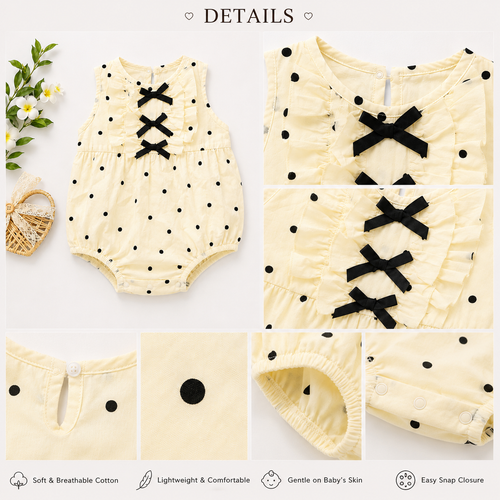 Baby Girls Cream Polka Dot Bubble Romper with Triple Bow Detail