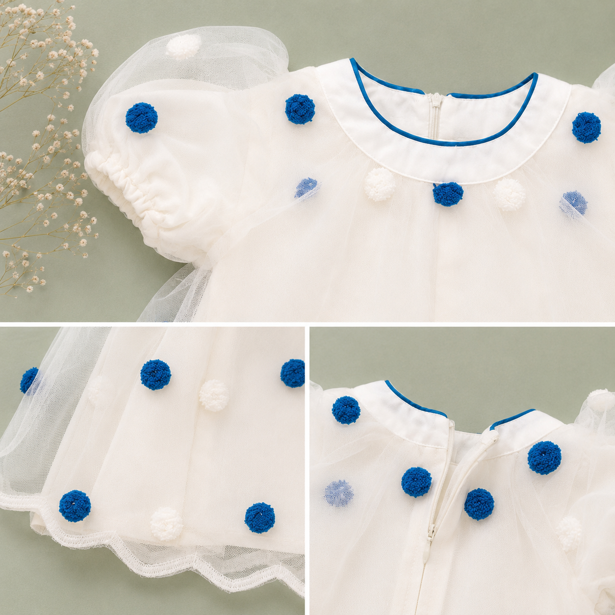 Polka Dot Tulle Overlay Frock, Blue & Pink