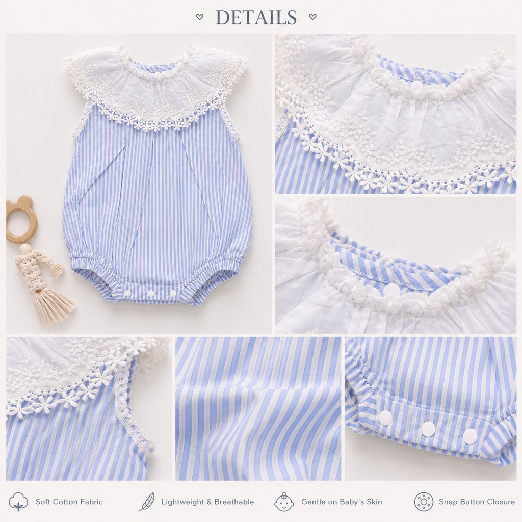 Baby Girls Blue Stripe Sleeveless Bubble Romper with Embroidered Lace Collar