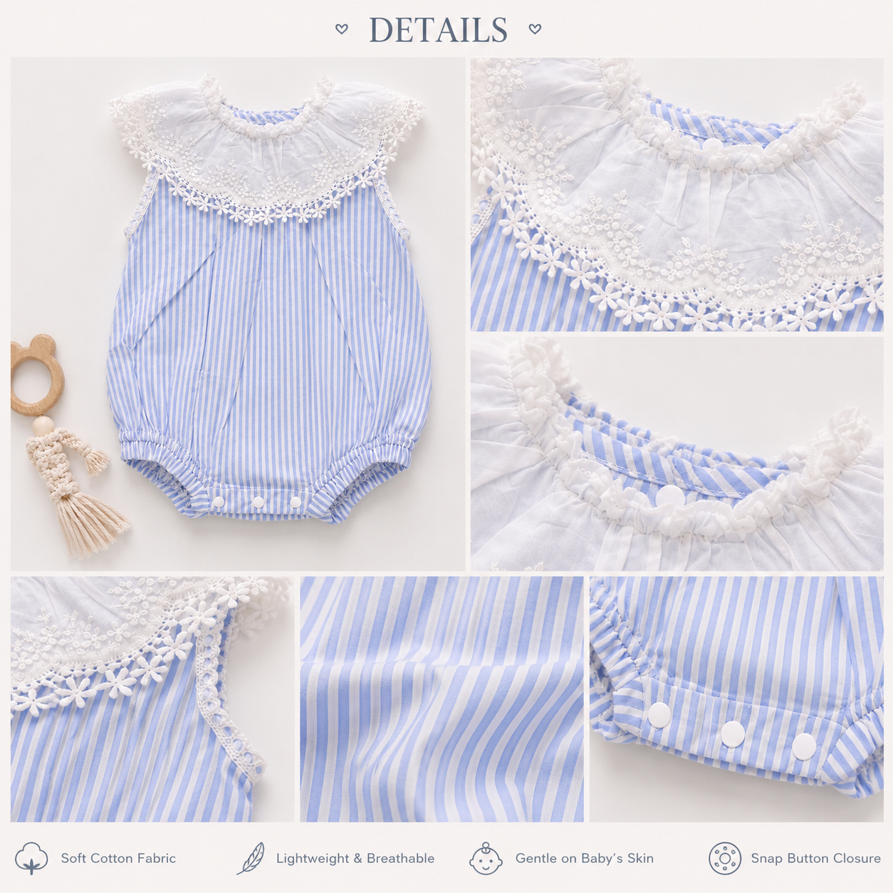Baby Girls Blue Stripe Sleeveless Bubble Romper with Embroidered Lace Collar