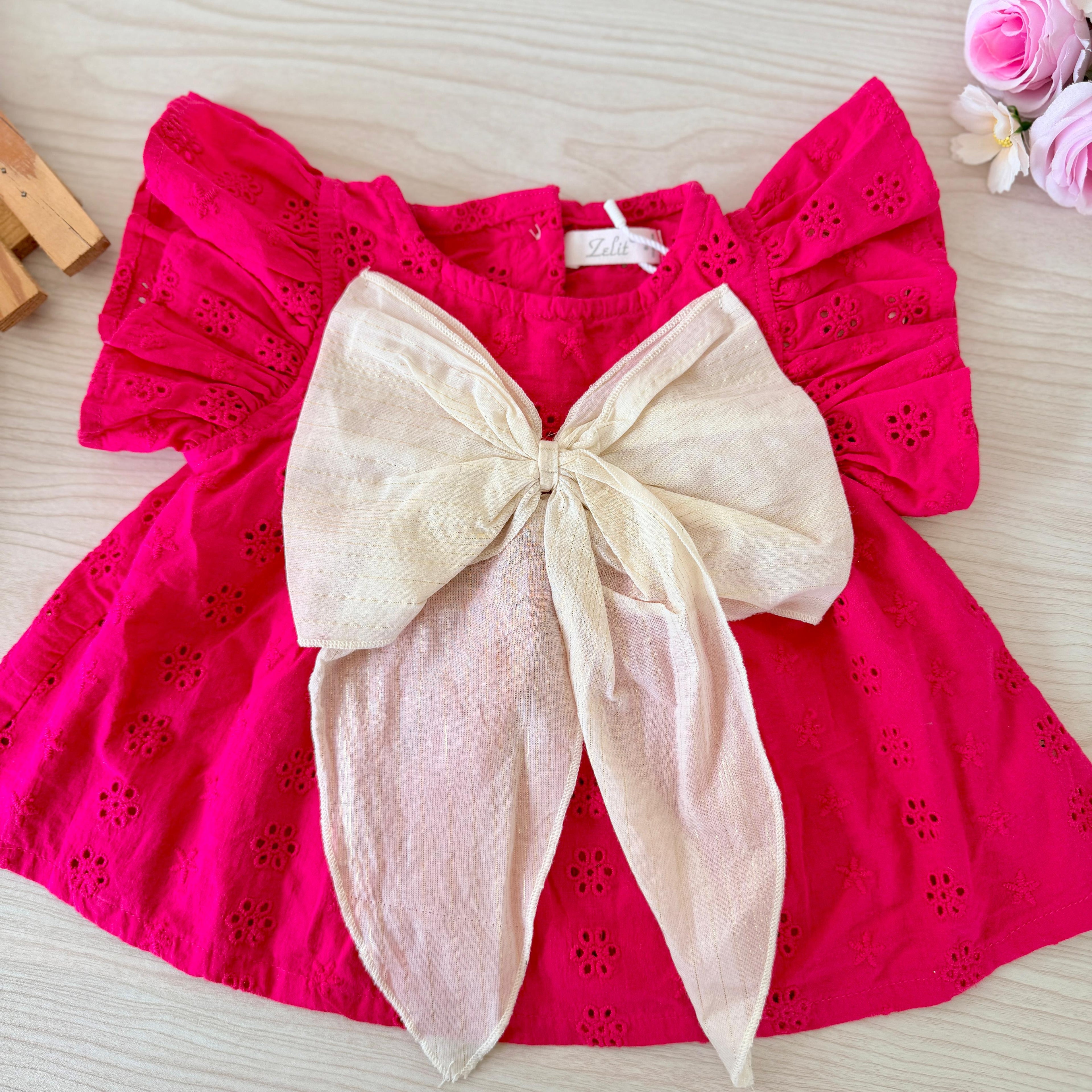 Vibrant Fuchsia Eyelet Flutter-Sleeve Top & Ruffled Shorts Set