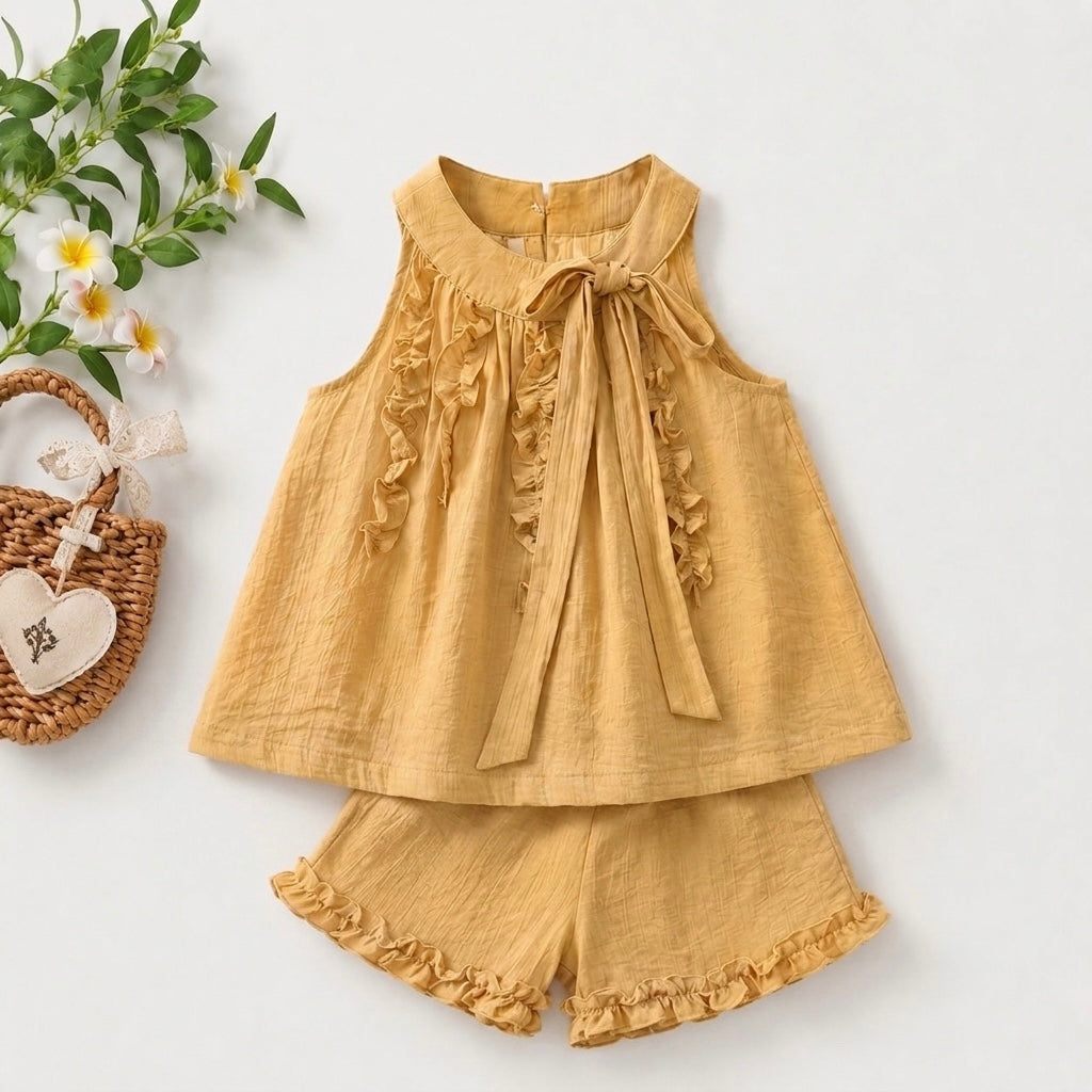 Lace Collar Ruffle Top, Beige & Yellow