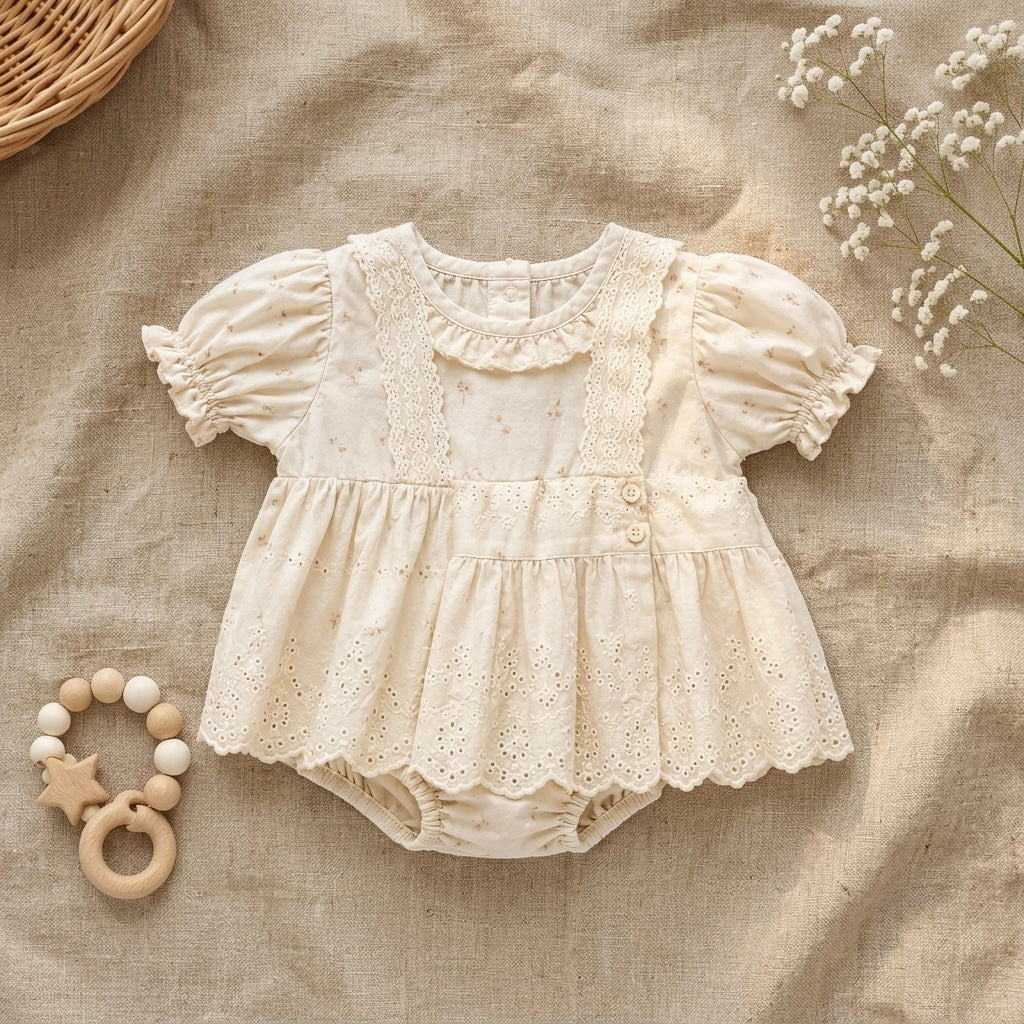 Ivory Textured Ruffle-Hem Romper for Baby Girls