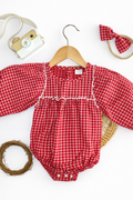 Red Checkered Baby Girl Romper with Headband | Long Sleeve Infant Outfit