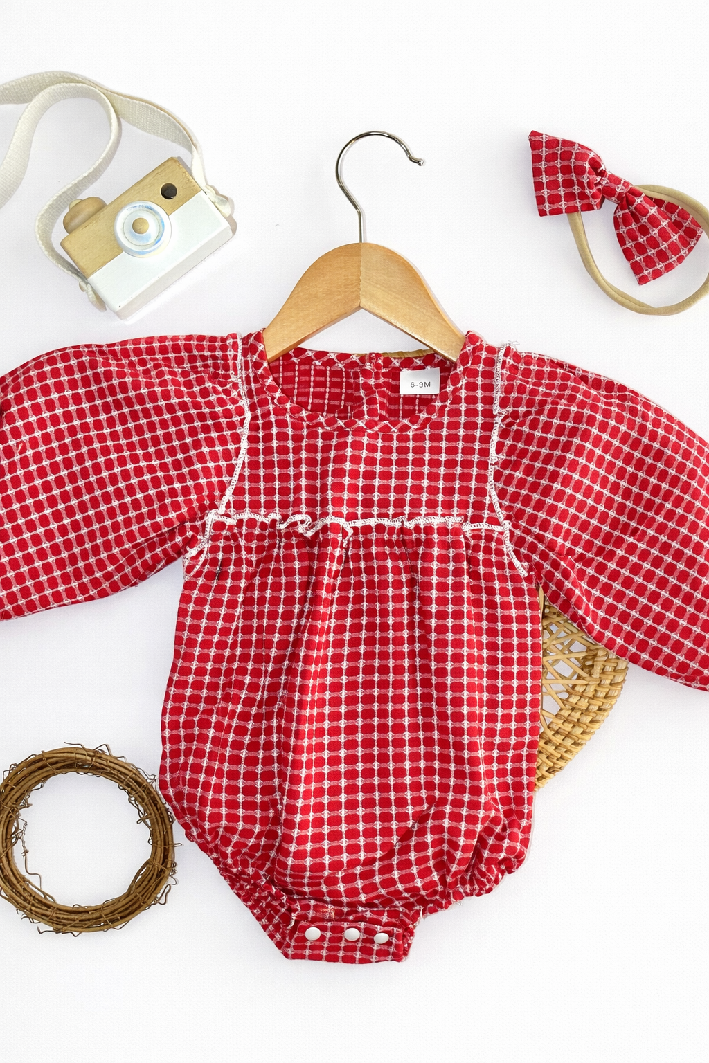 Red Checkered Baby Girl Romper with Headband | Long Sleeve Infant Outfit