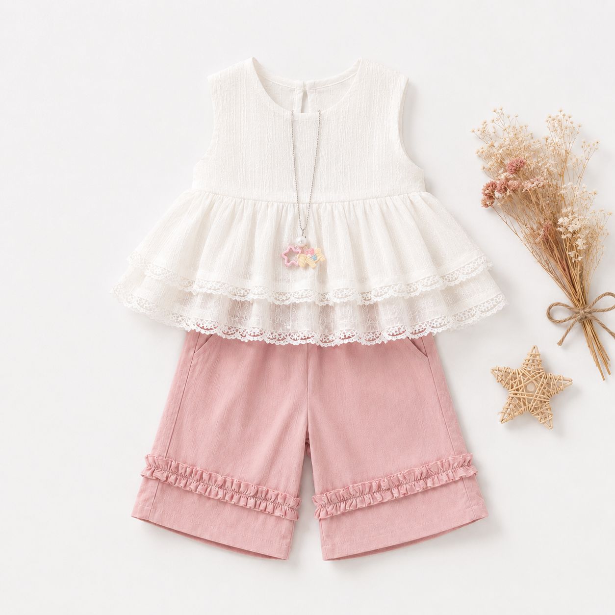 Eyelet Lace Top & Shorts Set, Pink & Blue