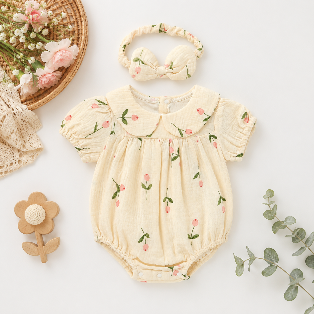 Ivory Floral Embroidered Romper with Bonnet