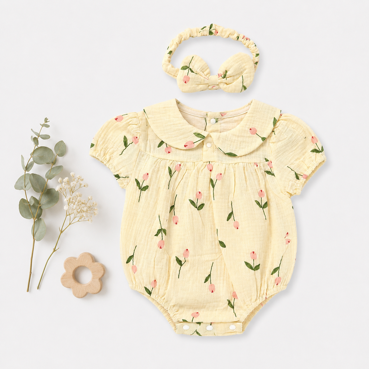 Ivory Floral Embroidered Romper with Bonnet