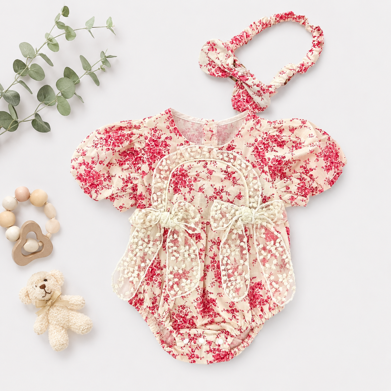 Pink Floral Ruffle Romper with Matching Headband
