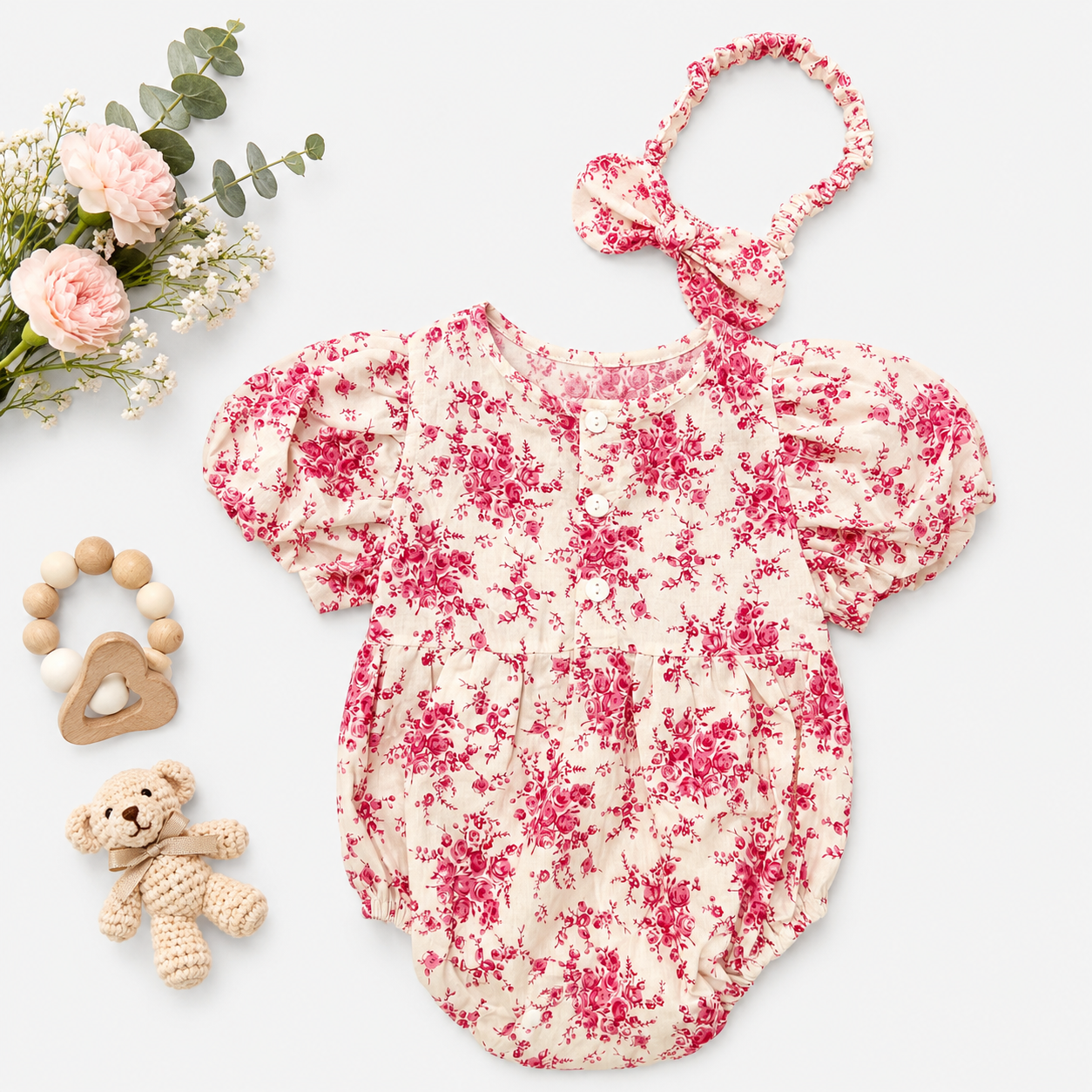 Pink Floral Ruffle Romper with Matching Headband