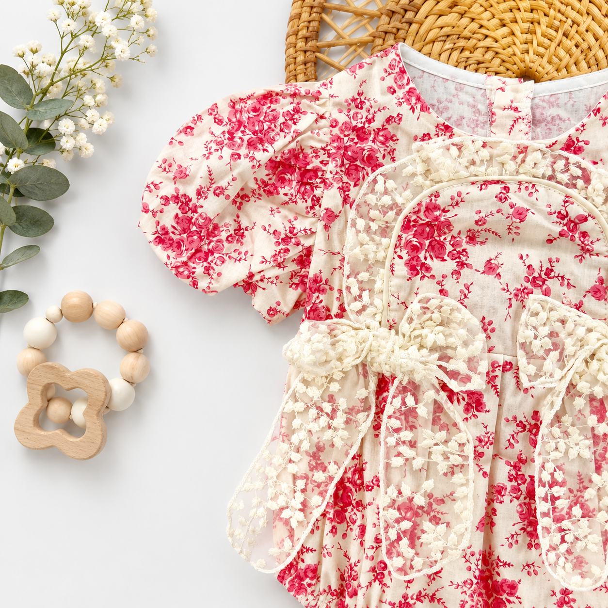 Pink Floral Ruffle Romper with Matching Headband