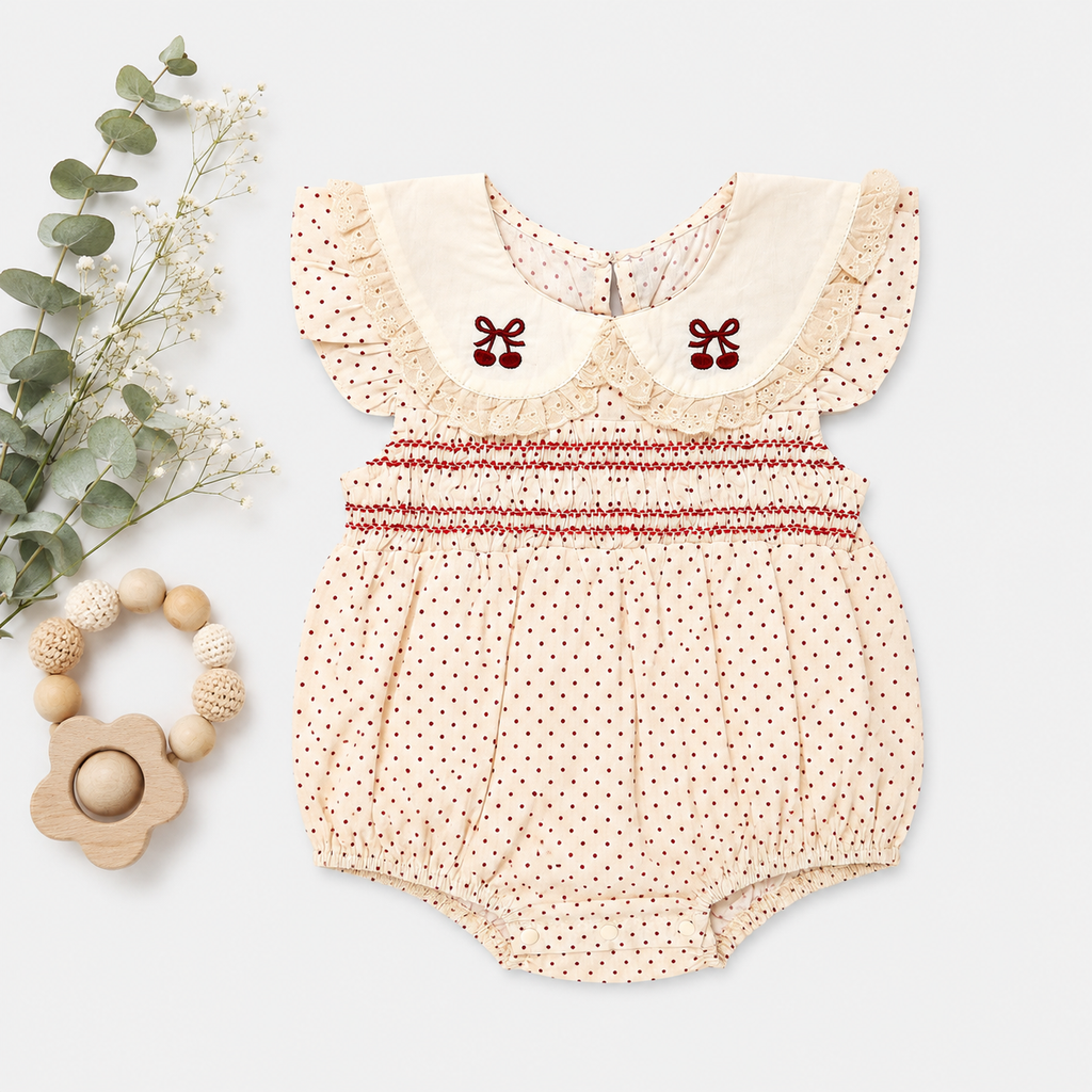 Cream Smocked Romper Set with Butterfly Embroidery