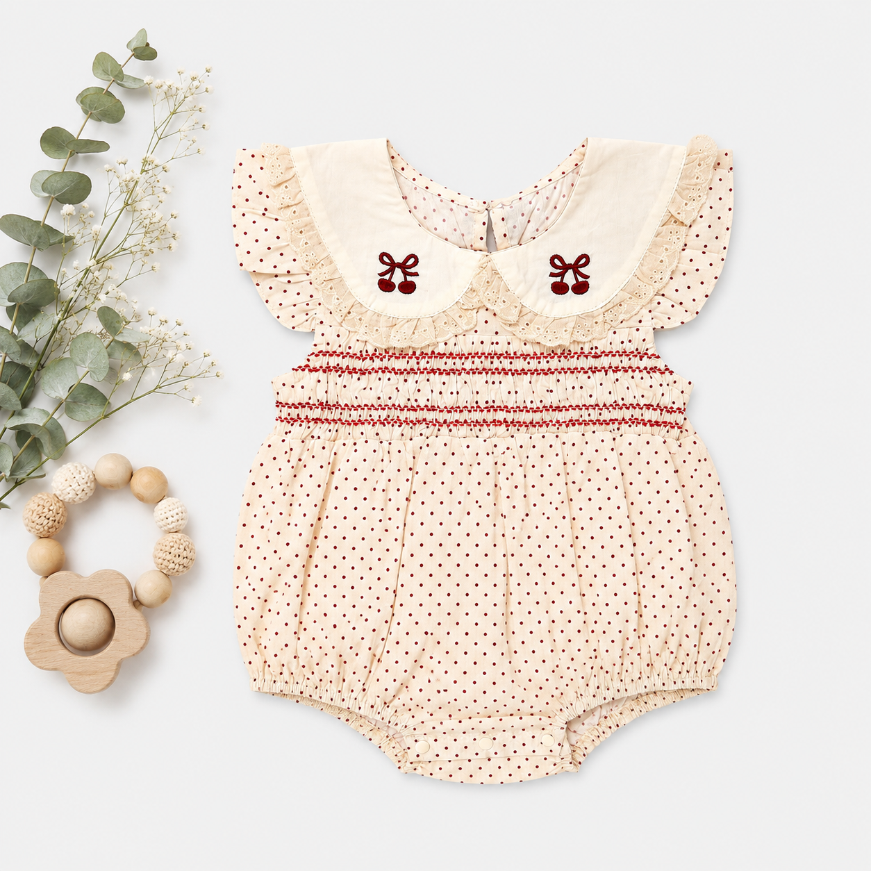 Cream Smocked Romper Set with Butterfly Embroidery