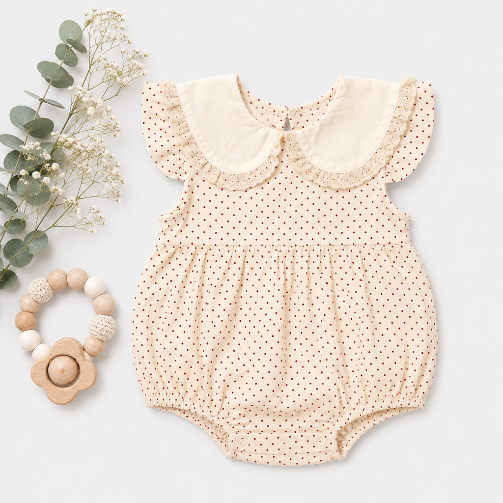 Cream Smocked Romper Set with Butterfly Embroidery