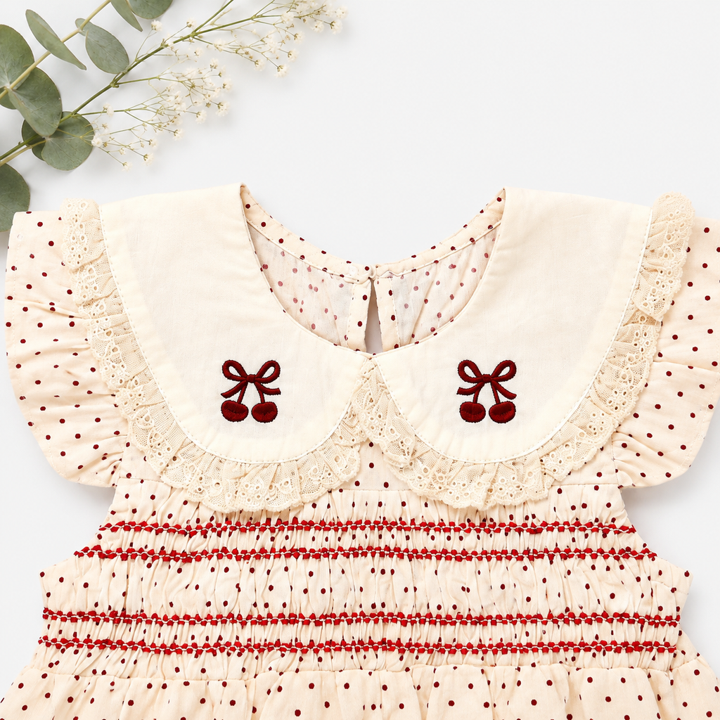 Cream Smocked Romper Set with Butterfly Embroidery