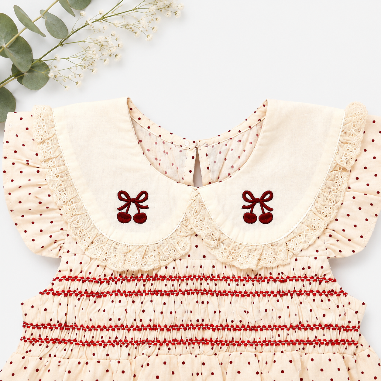 Cream Smocked Romper Set with Butterfly Embroidery