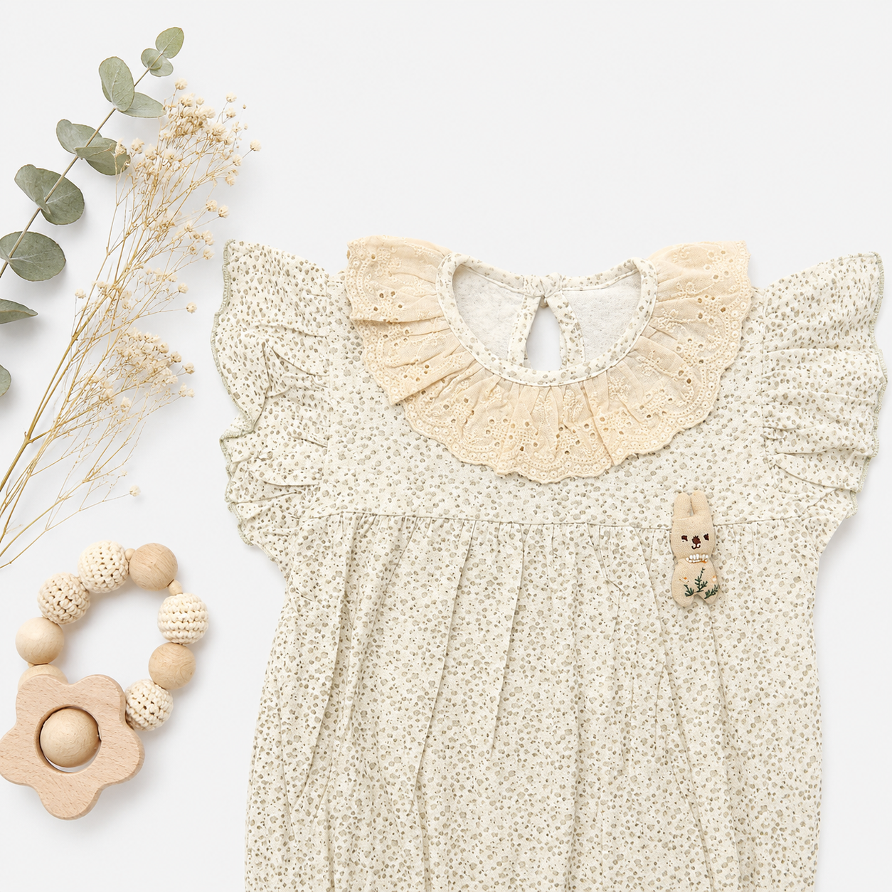 Cream Floral Print Romper with Ruffle Collar