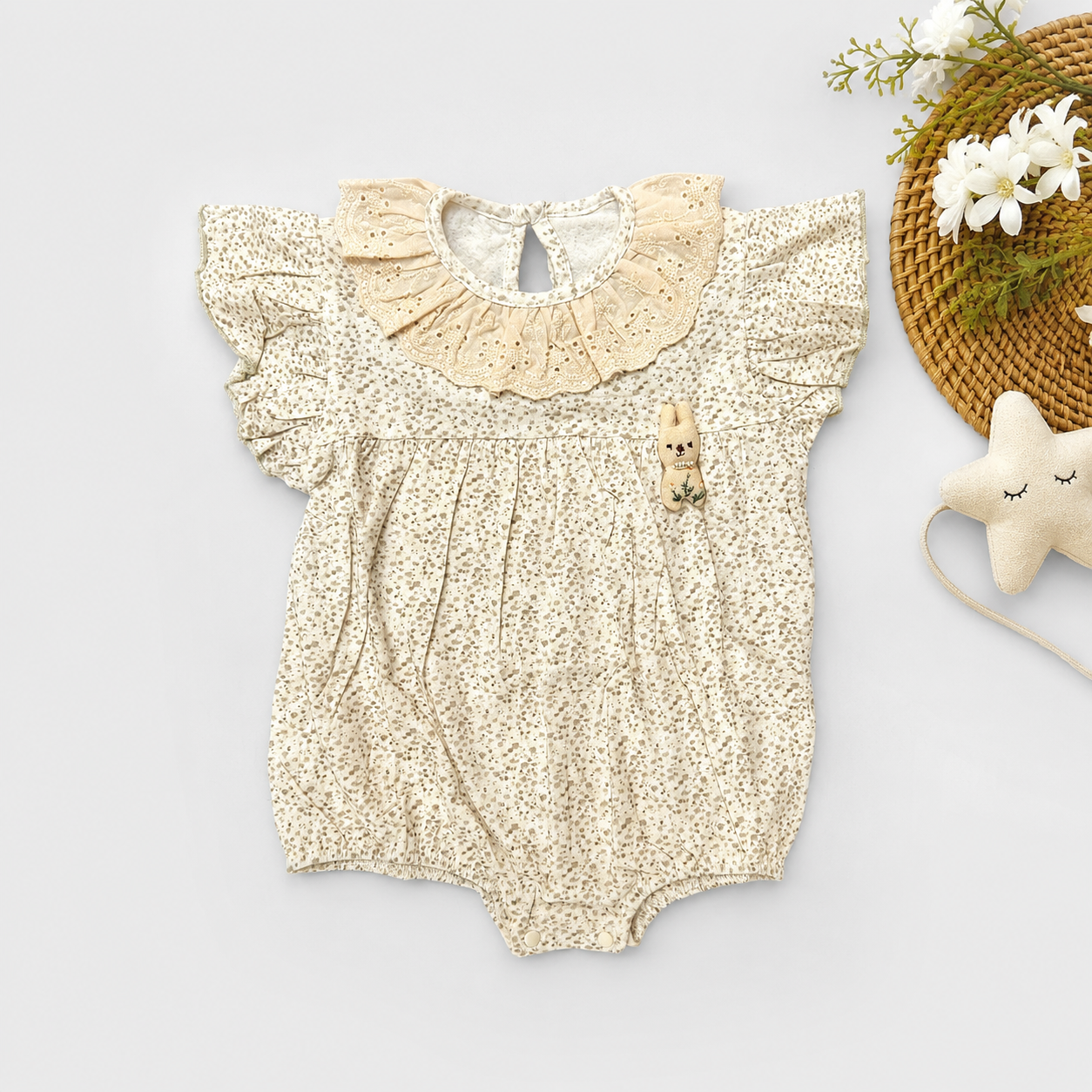 Cream Floral Print Romper with Ruffle Collar