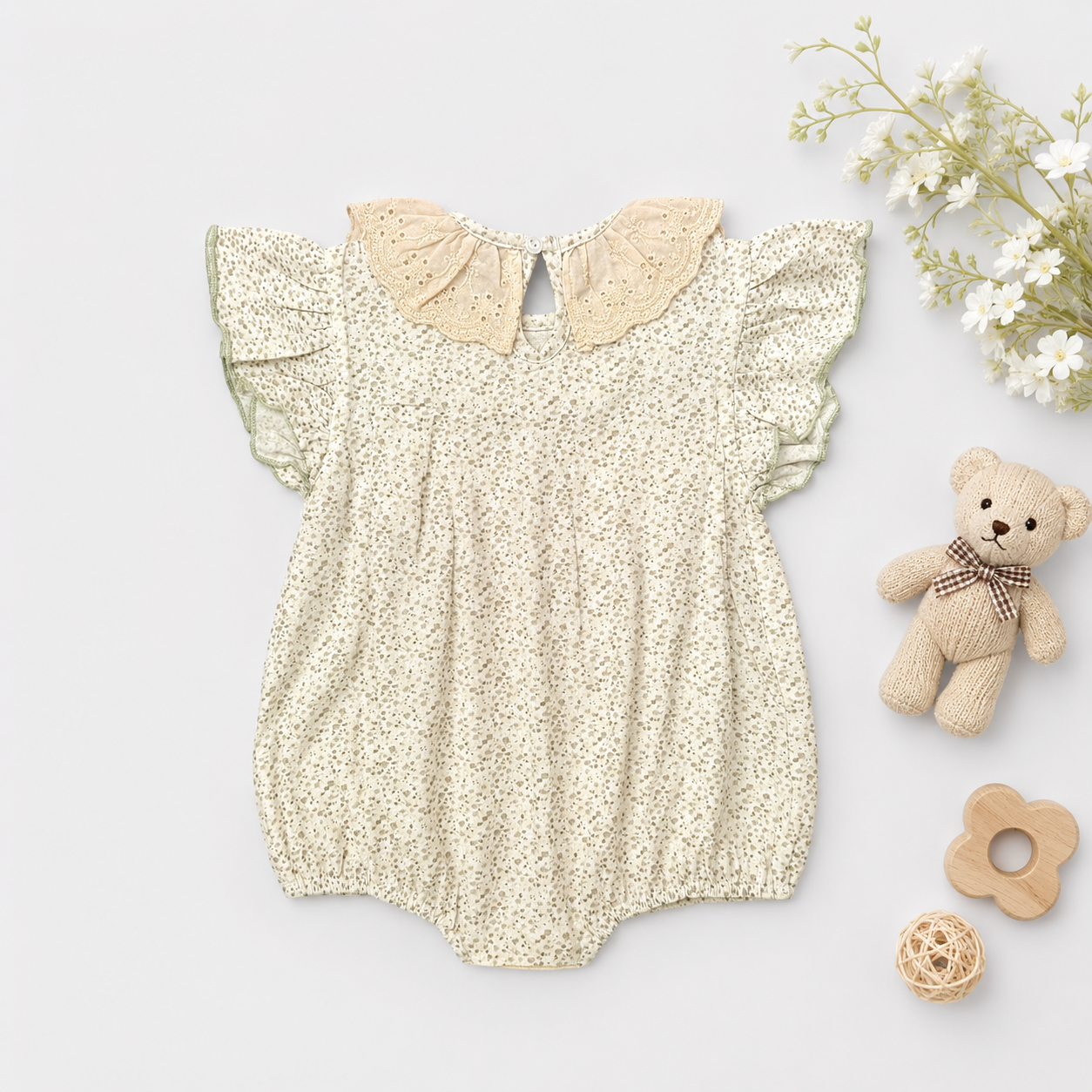 Cream Floral Print Romper with Ruffle Collar
