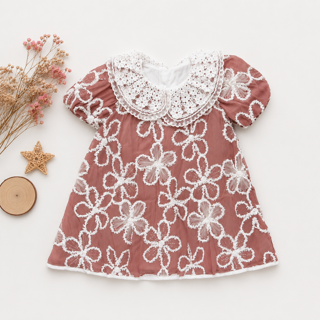 The Juliette Floral Embroidered Mesh Dress in Rose Pink
