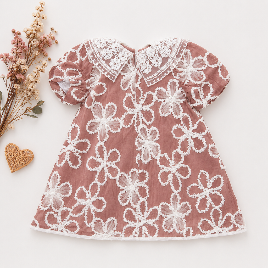 The Juliette Floral Embroidered Mesh Dress in Rose Pink