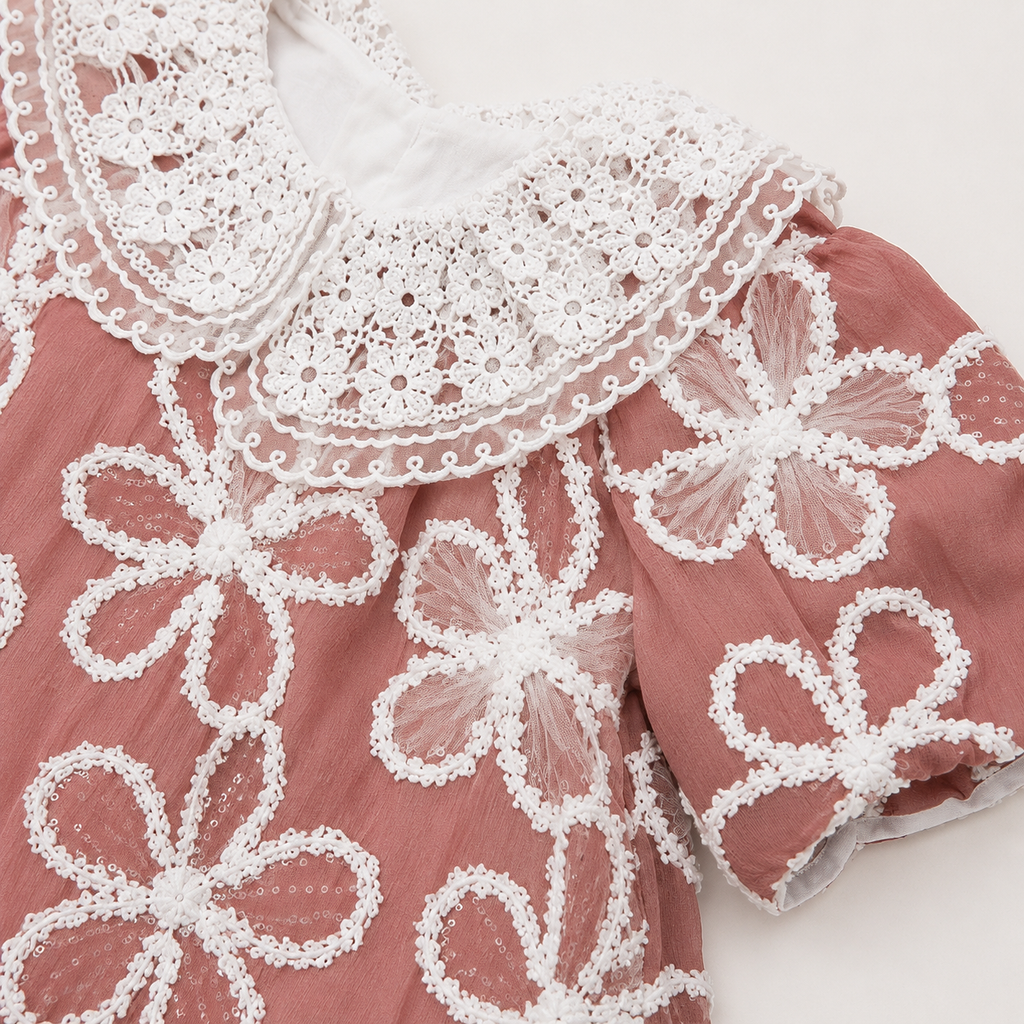 The Juliette Floral Embroidered Mesh Dress in Rose Pink