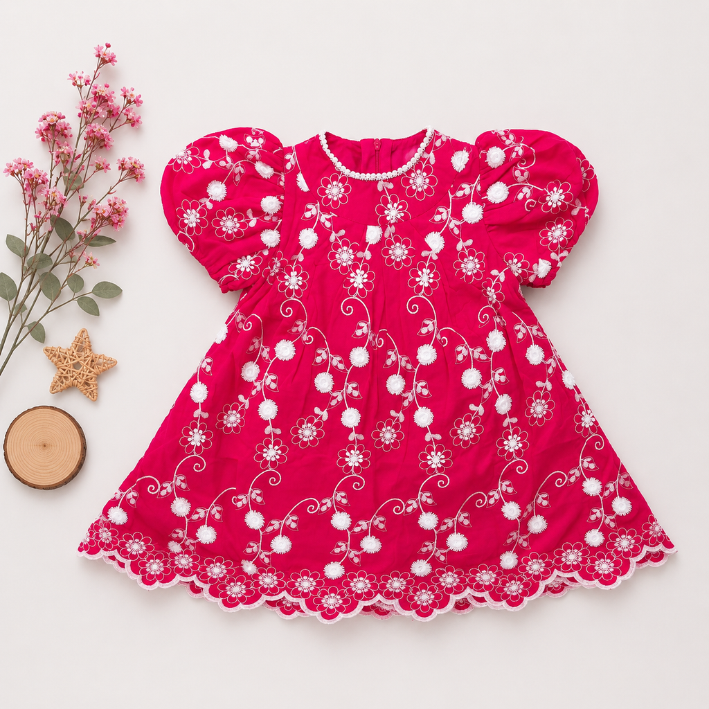 Floral Embroidered Puff Sleeve Frock, Blue & Red