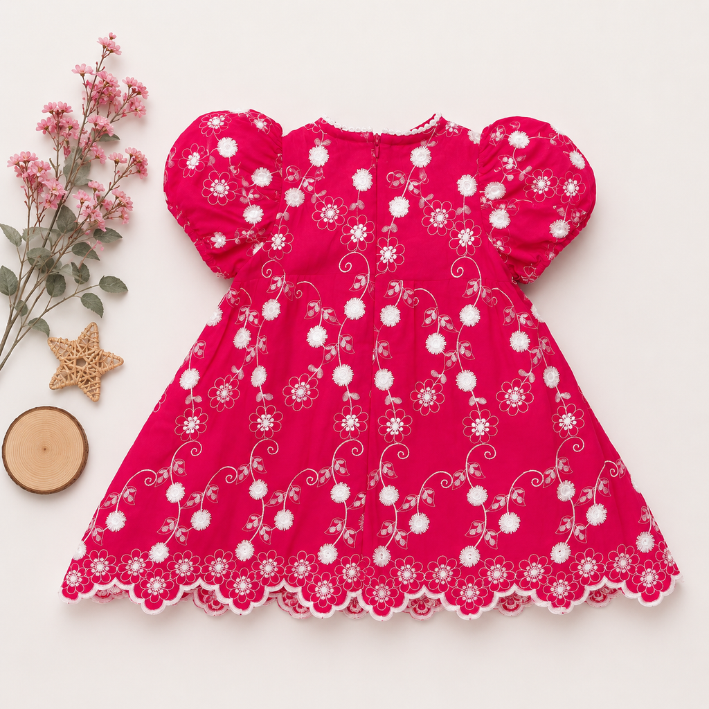 Floral Embroidered Puff Sleeve Frock, Blue & Red