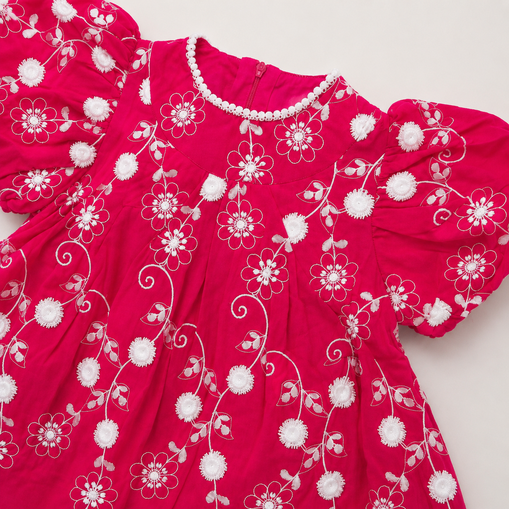 Floral Embroidered Puff Sleeve Frock, Blue & Red