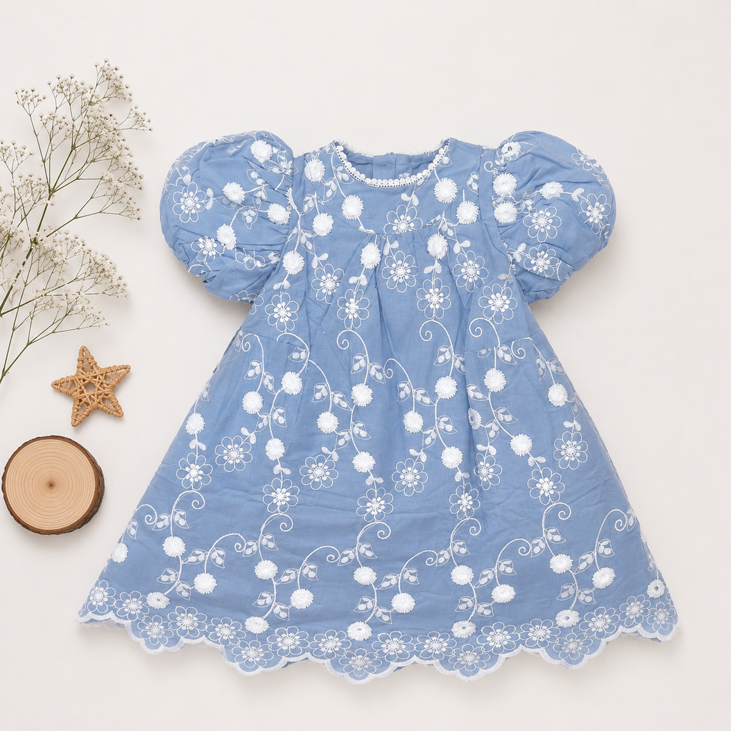Floral Embroidered Puff Sleeve Frock, Blue & Red