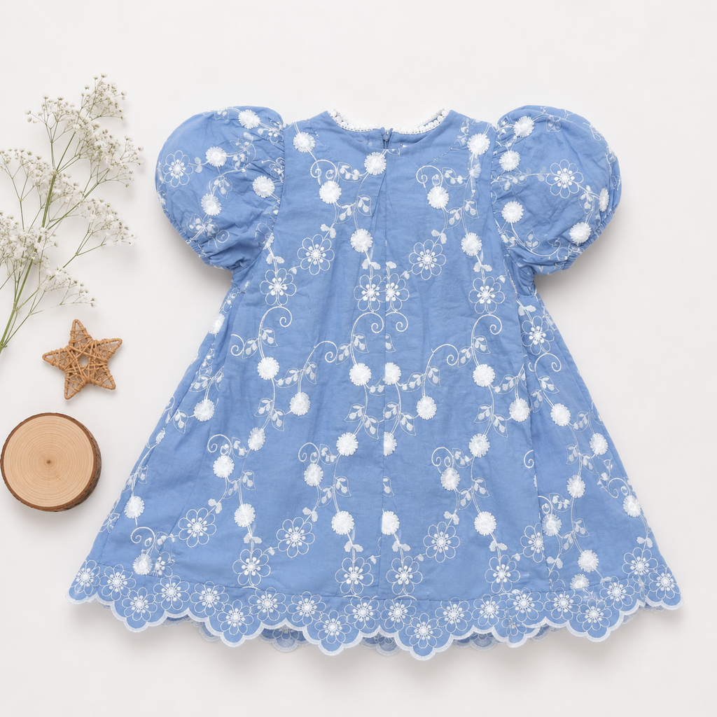 Floral Embroidered Puff Sleeve Frock, Blue & Red