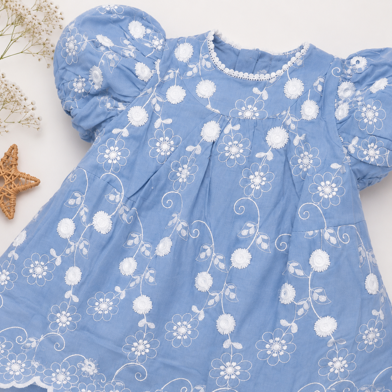 Floral Embroidered Puff Sleeve Frock, Blue & Red