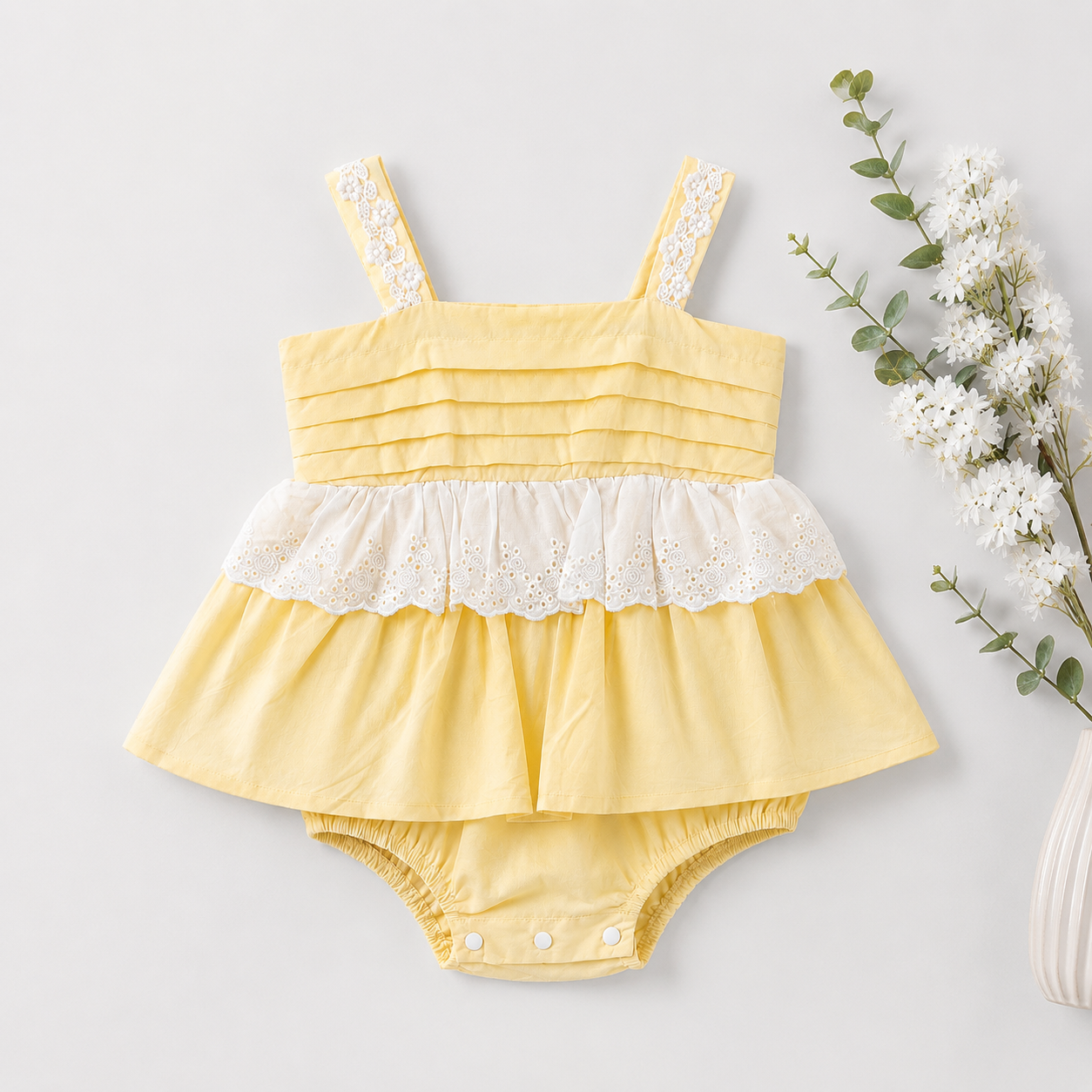 Pale Yellow Tiered Ruffle Romper Dress