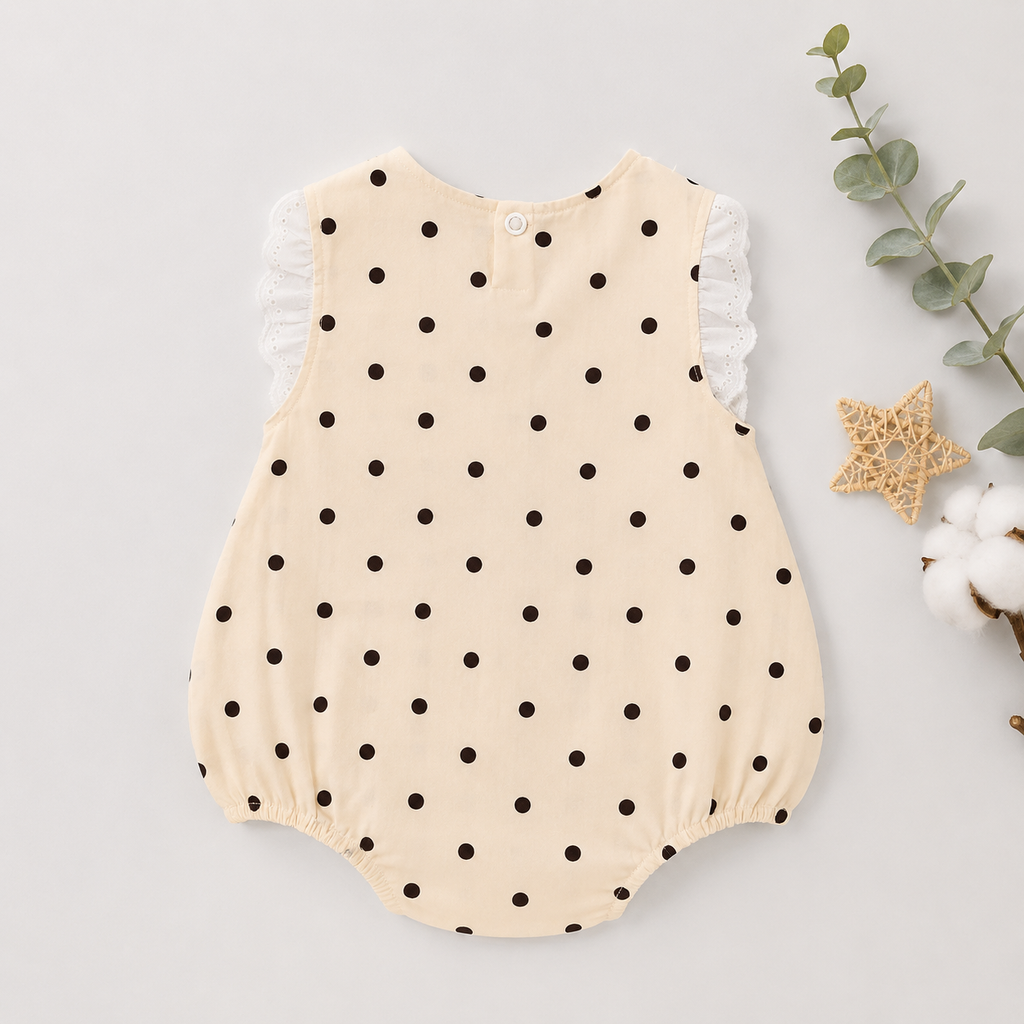 Cream Polka Dot Romper with Lace Trim Collar