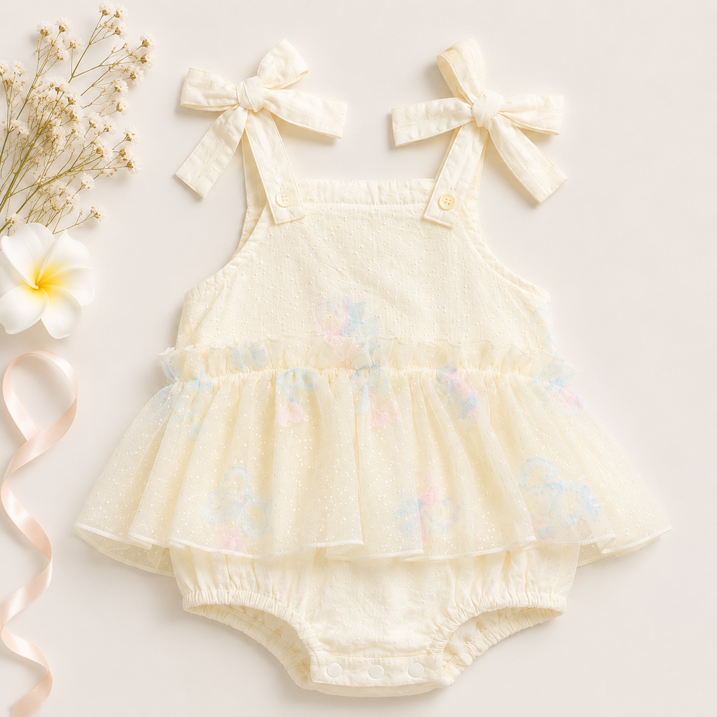 Bow Strap Lace Romper, Pink & Cream