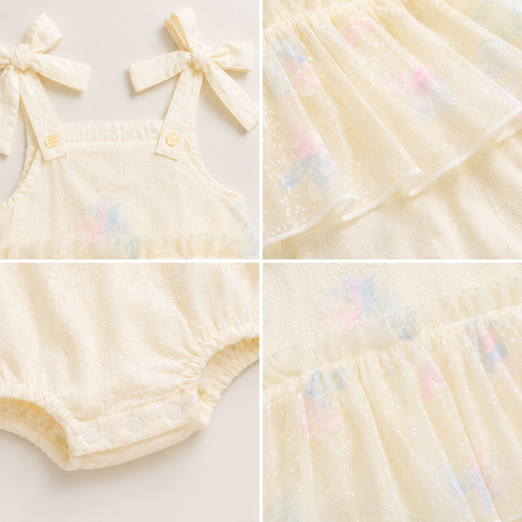 Bow Strap Lace Romper, Pink & Cream
