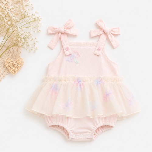 Bow Strap Lace Romper, Pink & Cream